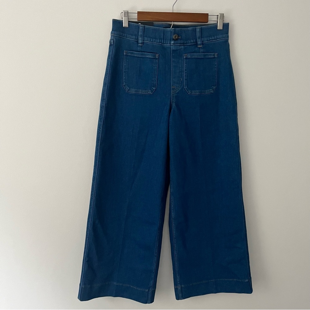NEW Spanx Shape Everywear Cropped Wide Leg Jeans Patch Pockets Washed Blue M